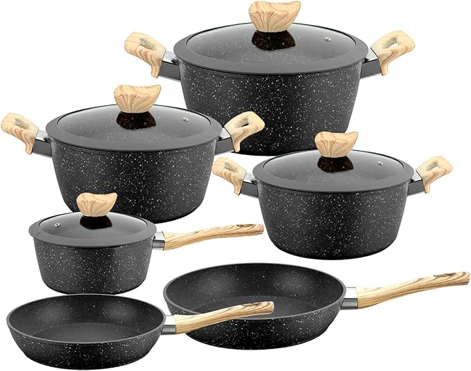 Black Pots and Pans Set 10 Piece Kitchen Cookware Sets Nonstick Granite Coating Cooking Set Induction Compatible with Frying Saucepan Sauté Pan
