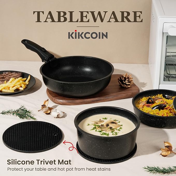KIKCOIN 20 Pcs Pots and Pans Set Non Stick Detachable Handle Cookware Sets Nonstick Non Toxic Induction RV Kitchen Cooking Set with Removable Handles Dishwasher/Oven Safe Easy Clean (Black)