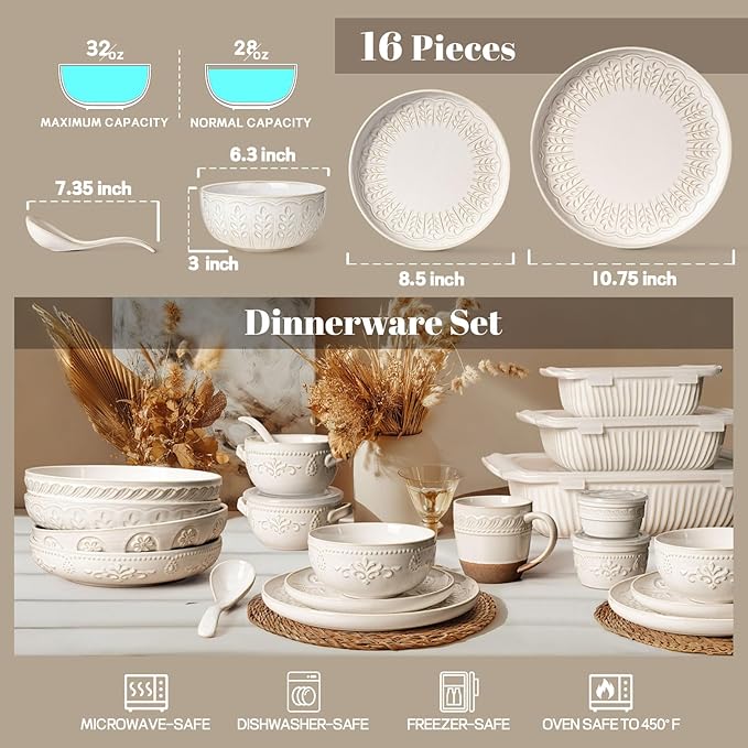 Artena Plates And Bowls Sets 16 Pieces Dinnerware Sets Dish Set For 4 Ceramic Kitchen Bowl And Plate Set Embossed White Dishware Sets Dishwasher &amp Microwave Safe (Wheat Leaf)