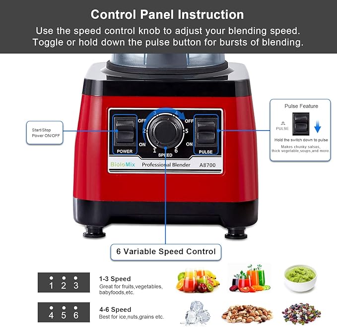 BioloMix Heavy Duty Professional Blender Peak 2200W Commercial Grade Bar Blender With 70Oz Container For Shakes Smoothies Ice Crushing Frozen Fruits Soups Dry Grinding (Red)
