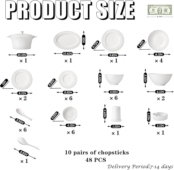 Fine Bone China Dinnerware Set Porcelain &amp Ceramic Dinnerware Sets Bone Stoneware &amp Ceramic Cookware Tableware Set Includes Dinner Plates|Spoons|Pasta Bowls|Soup Pot|Chopsticks (48 Pcs)