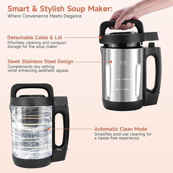 Homtone Soup Maker 2L Makes 2-6 Servings 6-in-1 Multifunctional Smooth and Chunky Soupmaker Electric Soup Bleander Eeasy Clean for Home Use Black and Stainless Steel