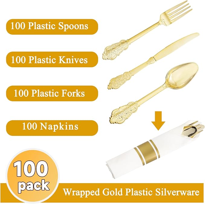 Nervure 400PCS Pre Rolled Gold Plastic Silverware Sets - Heavy Duty Fancy Gold Cutlery - Include 100 Pack Wrapped Disposable Utensils with Napkins for Parties Dinners &amp Weddings