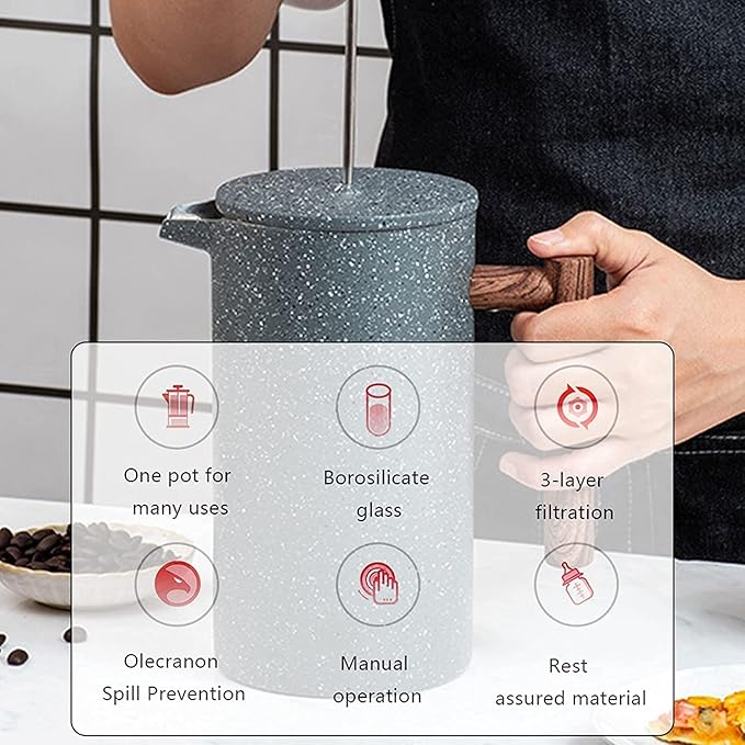 French Press Coffee Maker- Insulated Stainless Steel Manual Coffee Makers For Home Camping w/Travel Canister- Presses 4 Cup Serving- Large Gray