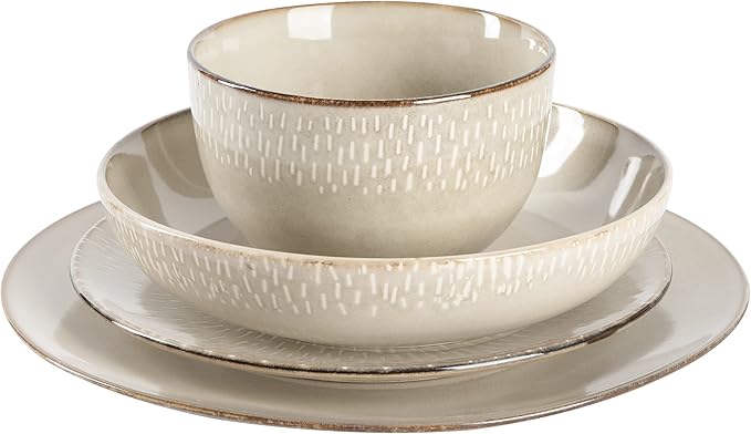 Gibson Elite Matisse 16-Piece Double Bowl Dinnerware Set – Service for 4 Taupe Stoneware Plates and Bowls