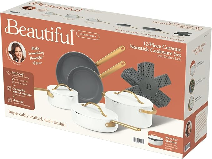 12-Piece Ceramic Non-Stick Cookware Set | Pots and Pans with Strainer Lids &amp Pour Spouts | Induction &amp Oven Safe to 500°F | PFOA-Free Stay-Cool Handles