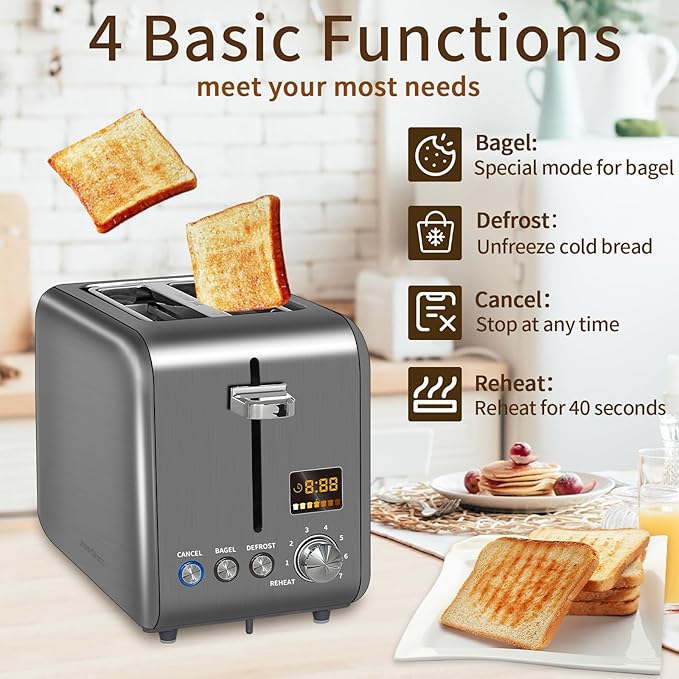SEEDEEM Toaster 2 Slice Stainless Steel Bread Toaster LCD Display 7 Shade Setting 1.4'' Wide Slots Bagel/Defrost/Reheat Functions Removable Crumb Tray 900W Dark Metallic