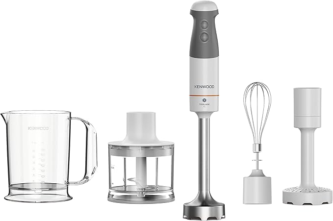 Kenwood TriBlade XL HBM40.306WH Hand Blender with Removable Stainless Steel Handle 3 Blades for Faster Mixing Beater Shredder Mashed Potatoes Blender Cup 850 W White/Grey