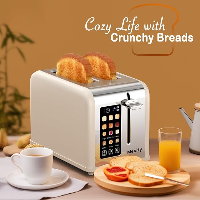 Mecity 2 Slice Touch Screen Toaster 1.5 Wide Slot Stainless Steel Smart Toaster for Bagels Muffins Waffles Gluten-Free Breads Defrost Reheat Timer 120V 825W Cream Color