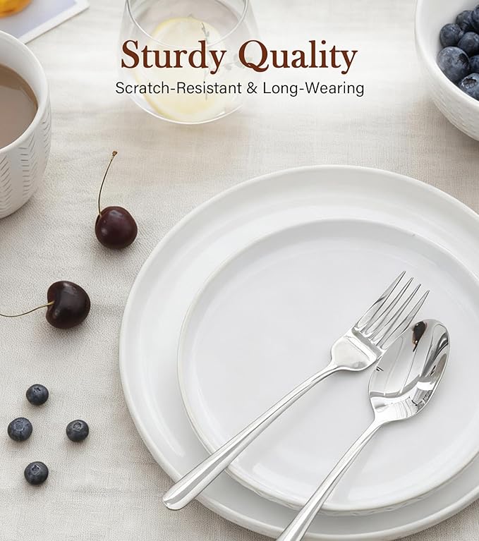 24 Piece Dinnerware Sets for 8 - Farmhouse Style Stoneware Plates and Bowls Sets - Scratch Resistant &amp Dishwasher Safe Embossed Boho Ceramic Dish Set Stack Compactly Dishware - Vintage White