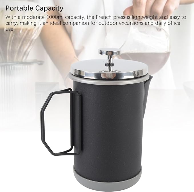 1000ML French Press Coffee Maker 304 Stainless Steel Insulated Coffee Press Portable Hand Brewed Teapot for Outdoor Camping Travel Adventures (Black)