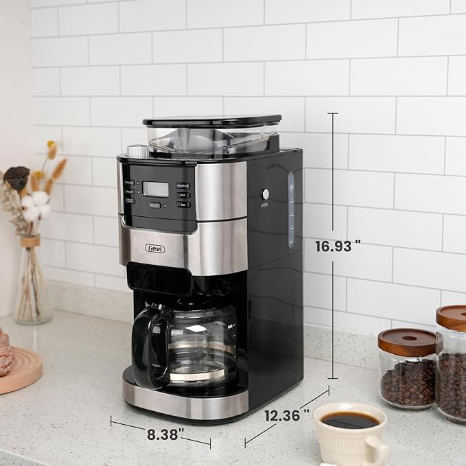Gevi 10-Cup Drip Coffee Maker with Built-in Grinder Programmable Brew Coffee Machine with Timer Reusable Filter 1.5L Water Tank Coffee Pot Warming Plate Burr Grinder Combo