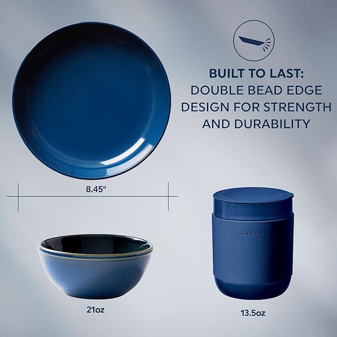 Corelle Stoneware Dinnerware Set Handmade Reactive &amp Solid Glazed Ceramic Plates and Bowls Modern Rustic Style Round Dishes Service for 4 Navy 16 PIECE SET