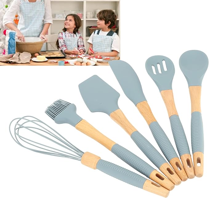 Silicone Cookware6 Piece Silicone Cutlery Set Wooden Handle Cookware Set Suitable for Home Restaurant Kitchen Gadgets