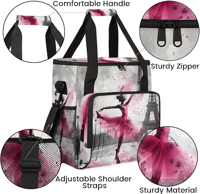 Paris Eiffel Tower Travel Coffee Maker Carrying Bag Pink Large Organizer Storage Tote Bag Insulated Reusable Cooler Lunch Bags