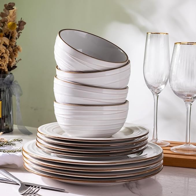 GBHOME Ceramic Dinnerware Sets 24 pcs Embossed Elegant Stoneware Plates and Bowls Sets Housewarming Wedding Gift | Dishwasher &amp Microwave Safe | Dishes Set Service for 8