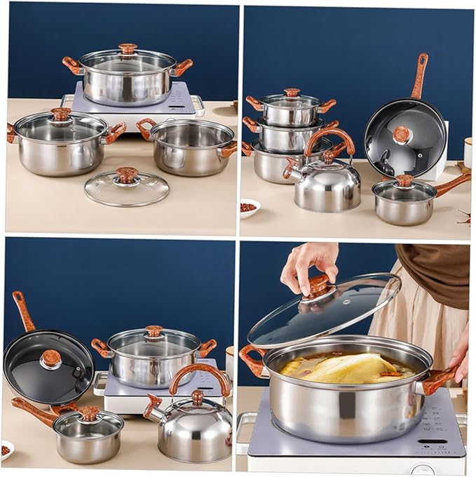 IMIKEYA 12-Piece Stainless Steel Cookware Set Induction-Compatible Pots Pans Including Milk Pan Soup Pot and Kettle Easy to Clean Cookware for Home Kitchen