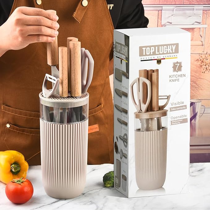 Knife Set 7-Piece Kitchen Knife Set with Sharp Chef and Meat Knives Anti-Rust Utility Knives Set for Kitchen Kitchen Knife Block Set – Khaki
