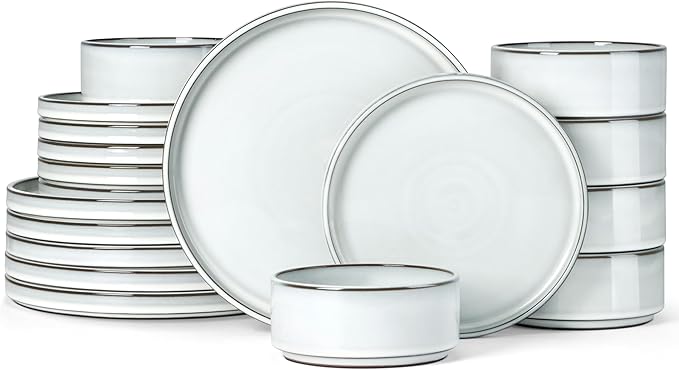 Herogo Plates and Bowls Dinner Dishes Sets for 6 18 Pieces Ceramic Stoneware Dinnerware Set Rustic Terracotta Bottom Dishwasher &amp Microwave Safe Icy White