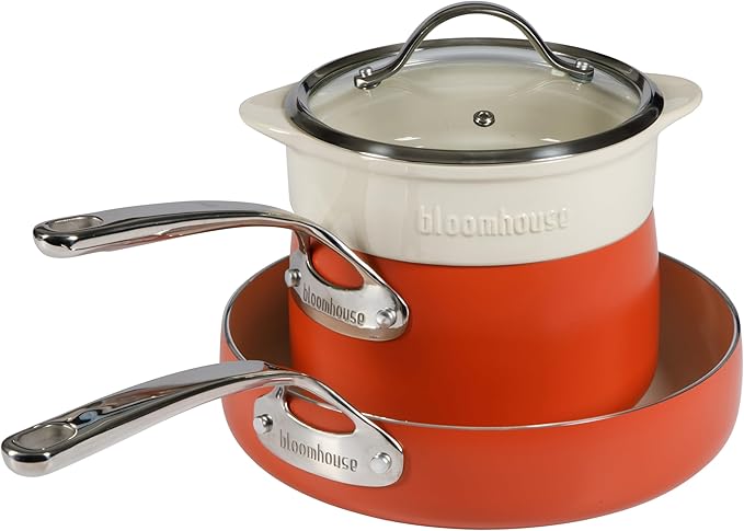 Bloomhouse 4-Piece Heavy-Gauge Aluminum Pots and Pans Cookware Set w/Non-Stick Non-Toxic Ceramic Interior and Ceramic Steamer Insert Terracotta Orange