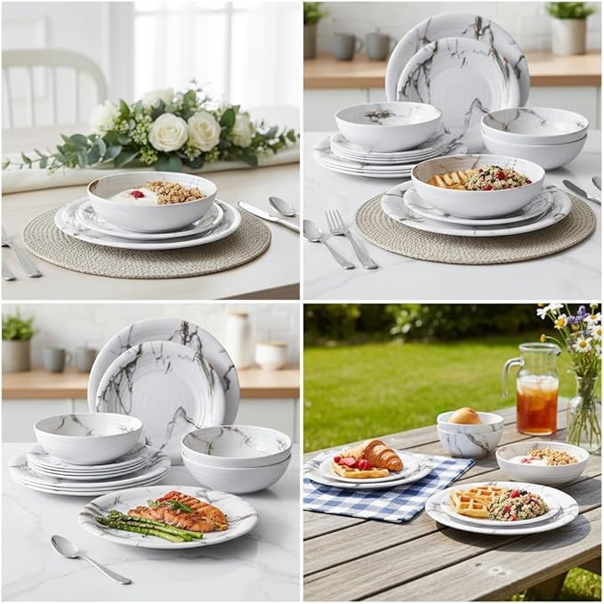 12-Piece Lightweight Melamine Dinnerware Sets White Marble Pattern Shatterproof &amp Dishwasher Safe Ideal for Outdoor Parties Family Dinners &amp Daily Use