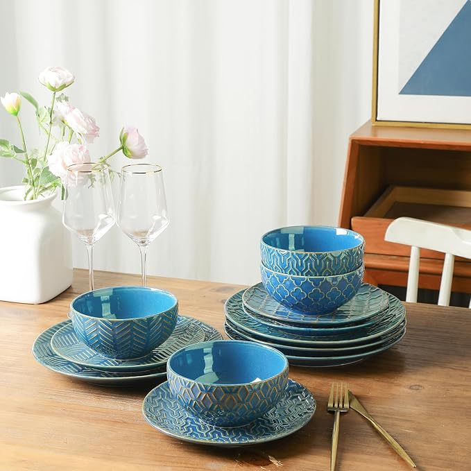 Sureasy Dinnerware Sets 12-piece + 8 inch Rectangular Salad Plates Set of 4 Blue