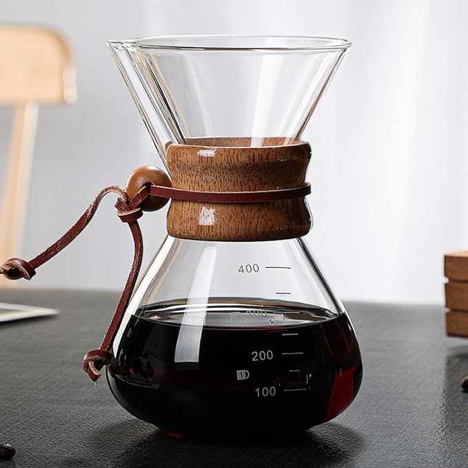 Coffee BrewerPour Over Coffee Maker 400ml Double Filter Wooden Sleeve Coffee Brewer Filter Suitable for Home Cafe Parties
