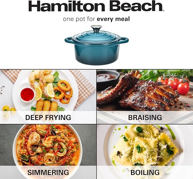 Hamilton Beach 3-Quart Enameled Cast Iron Dutch Oven Navy with Cream Interior | Even Heat Distribution &amp Easy-Grip Handles | Ideal for Braising RoastingStewing &amp Bread Baking