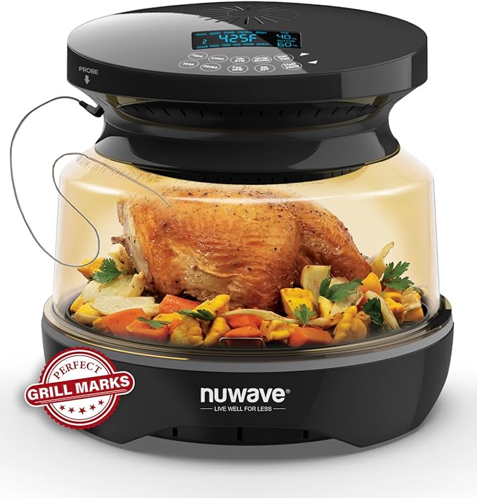 Nuwave Infra-Red Primo Grill Oven Integrated Smart Thermometer Nonstick Grill Bottom &amp Convection Top for Surround Cooking Cook Fresh or Frozen Durable Power Dome Included