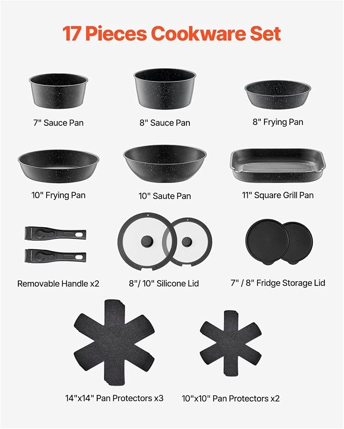 17 Piece Pots and Pans Set Granite Nonstick Cookware Set Induction Compatible Kitchen Cookware Set Black