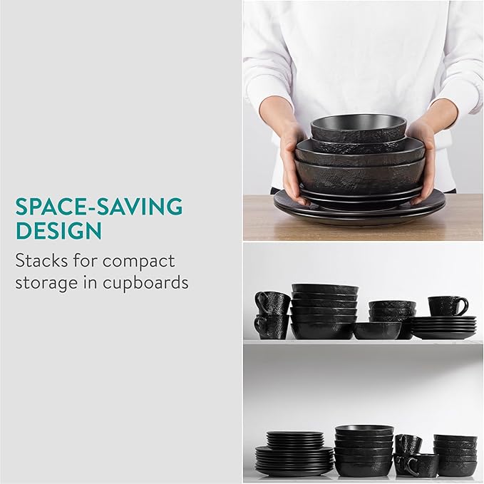 Navaris Linen Artisan Stoneware Dinnerware Set (8 Pieces) - Charcoal Black Dishes for 2 with Dinner Plates Side Plates Pasta Bowls Soup Bowls - Dishwasher and Microwave Safe