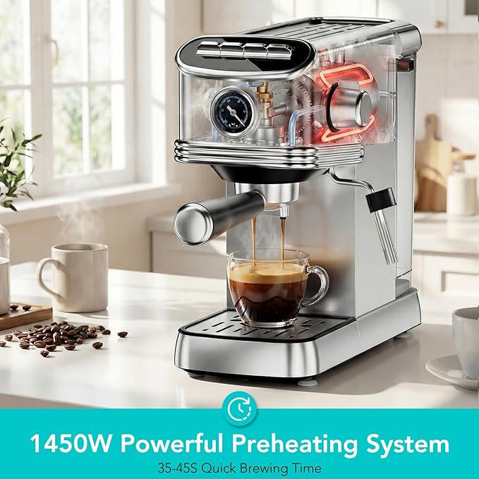Espresso Machine 20 Bar Stainless Steel Espresso Maker with Steam Milk Frother Compact Coffee Machine with 45oz Removable Water Tank for CappuccinoLatte&ampCold Brew Home&ampOffice