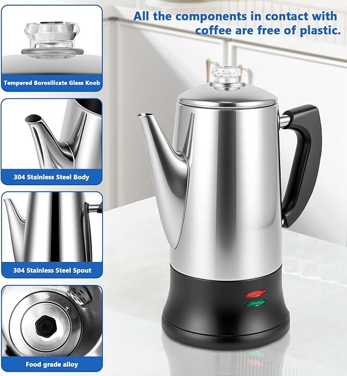 Electric coffee maker 12-cup capacity stainless steel construction automatic heating with boil-dry protection heat-resistant handle design 360° swivel base transparent brewing indicator.