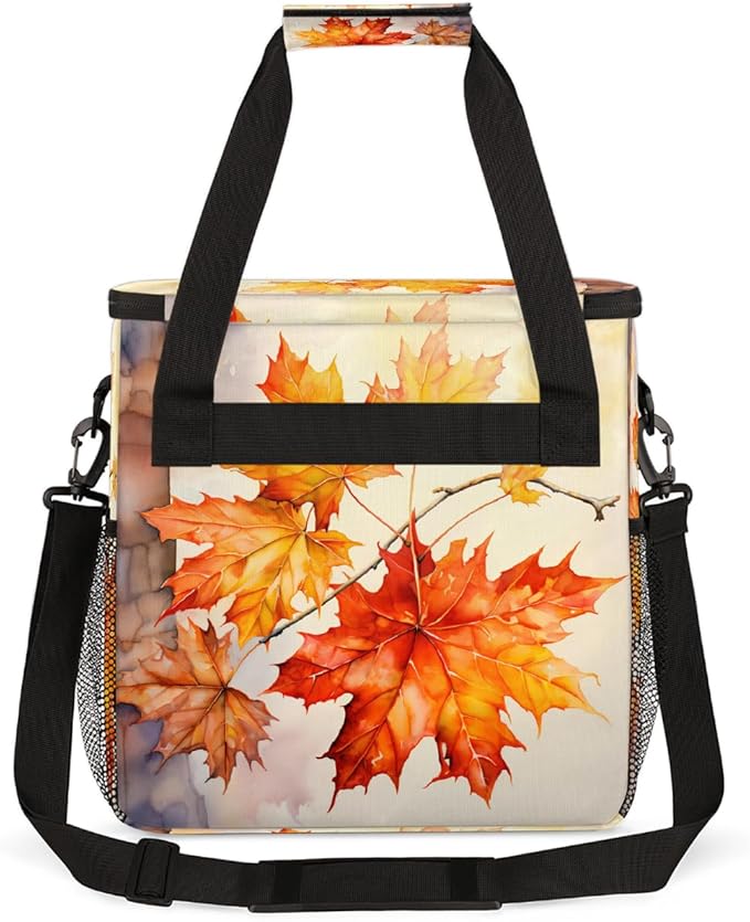 Autumn Maple Leaf Watercolor Coffee Maker Carring Bag Travel Carrying Storage Tote Bag Compatible with Keurig K-Mini or K-Mini Plus Portable Single Serve Coffee Brewer Case with Pockets