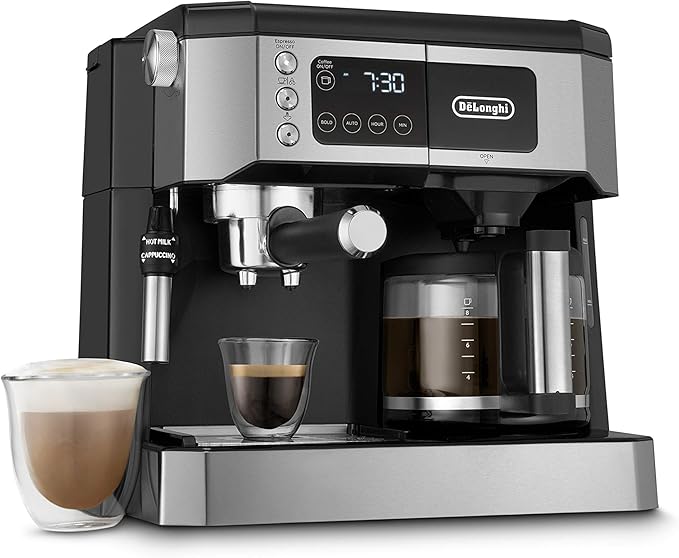 De'Longhi All-in-One Combination Coffee Maker &amp Espresso Machine + Advanced Adjustable Milk Frother for Cappuccino &amp Latte + Glass Coffee Pot 10-Cup COM532M &amp DLSC058 Coffee Tamper