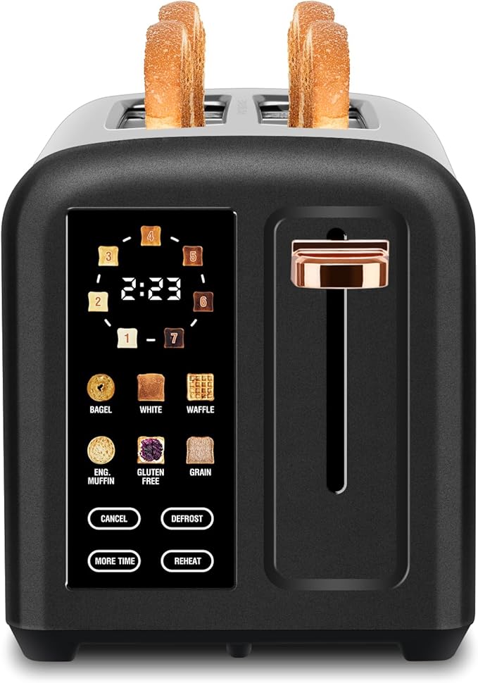 SEEDEEM Toaster 2 Slice with Touch Screen Faster Heating Speed 7 Shade Setting 6 Bread Type 1.5”Wide Slots Toaster Removable Crumb Tray 1350W Dark Chocolate