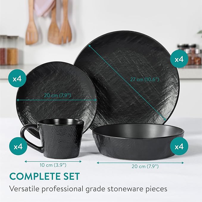 Navaris Linen Artisan Stoneware Dinnerware Set (16 Pieces) - Dishwasher and Microwave Safe Plates Bowls Mugs in Charcoal Black