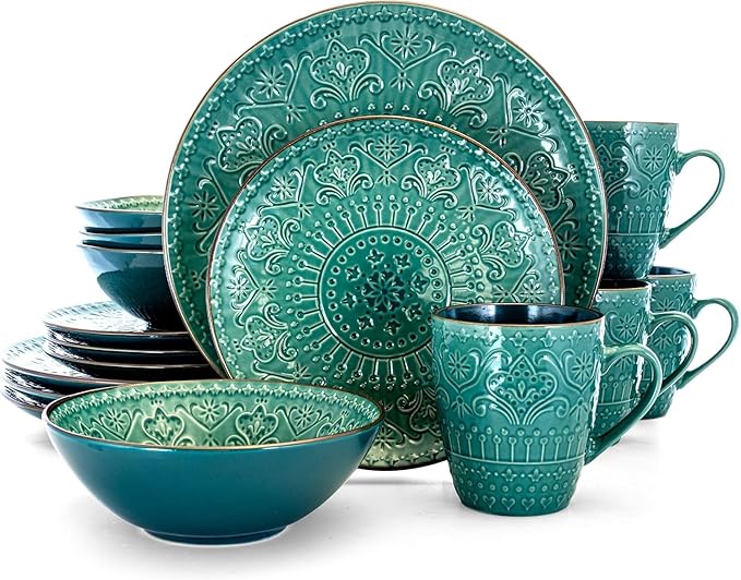 16 Piece Sea Foam Mosaic Stoneware Dinnerware Set – Textured Mandala Plates Complete Setting for 4