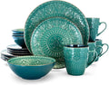 16 Piece Sea Foam Mosaic Stoneware Dinnerware Set – Textured Mandala Plates Complete Setting for 4