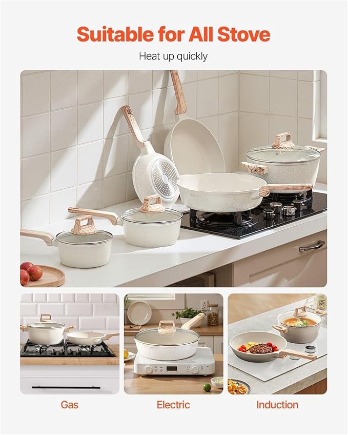 17 Piece Pots and Pans Set Nonstick Granite Cookware Induction Compatible Kitchen Set - White