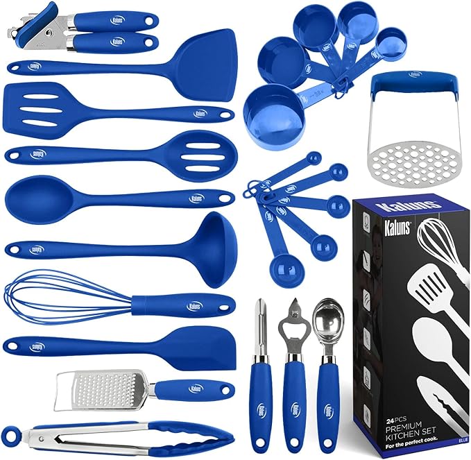 Kaluns Silicone Kitchen Utensils Set 24 Pcs Cooking Utensils Set - Can Opener Masher Turner Spatula 446°F Heat Resistant Non-Stick - Premium Silicone and Stainless Steel Utensil Set