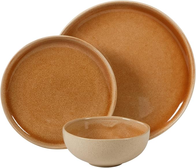 Gibson Elite Manila Bay 12-Piece Stoneware Dinnerware Set Service for 4 Reactive Glaze Modern Artisan Plates Bowls &amp Mugs Orange Round Design