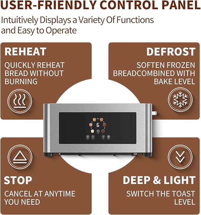 2 Slice Toaster with Touch Screen Slim Toaster For Long Slice 1.6 Wide Slot 6 Browning Levels 1000W Fast Heating Slim Stainless Steel Design for Bagels Baguettes Compact Kitchen &amp RV Use