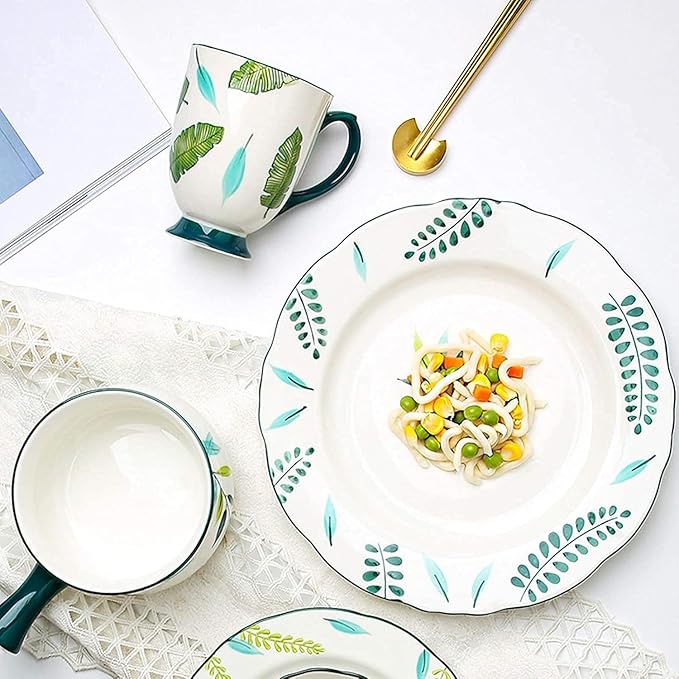 Dinnerware Set Plates and Bowls Sets 14 Piece Hand-Painted Plants Dinnerware Sets Elegant Couple Ceramic Plates Set And Dishes Set