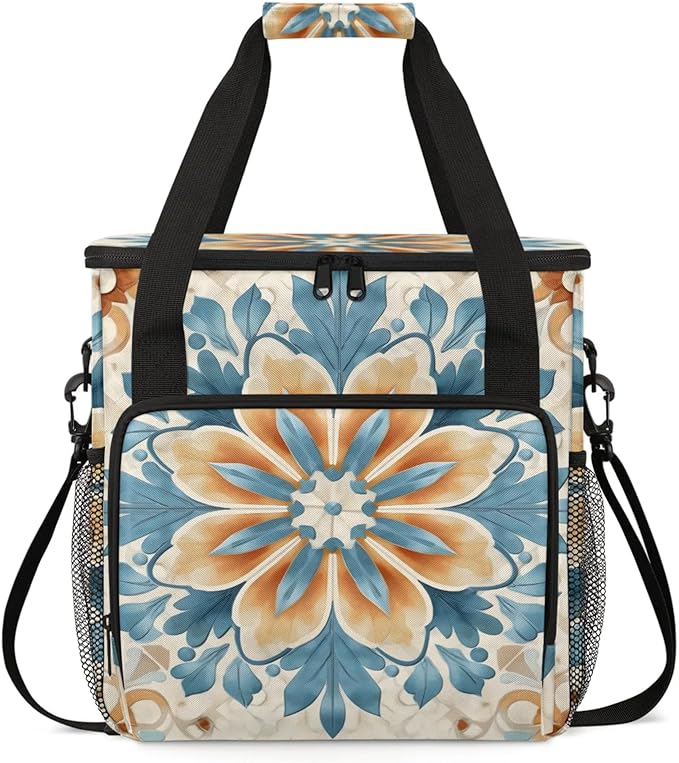 Retro Floral Design Coffee Maker Travel Bag for Keurig K-Mini/K-Mini Plus Insulated Waterproof Tote with Pockets for K-Cup Portable Single-Serve Brewer Case