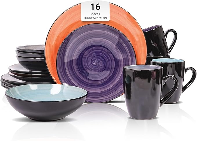 Sonoma 16 Piece Stoneware Dinner Set Samoa Outside Black + Inside Hand painted Combi Colors of Grey Orange Purple and Turquoise) with speckle
