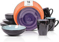 Sonoma 16 Piece Stoneware Dinner Set Samoa Outside Black + Inside Hand painted Combi Colors of Grey Orange Purple and Turquoise) with speckle