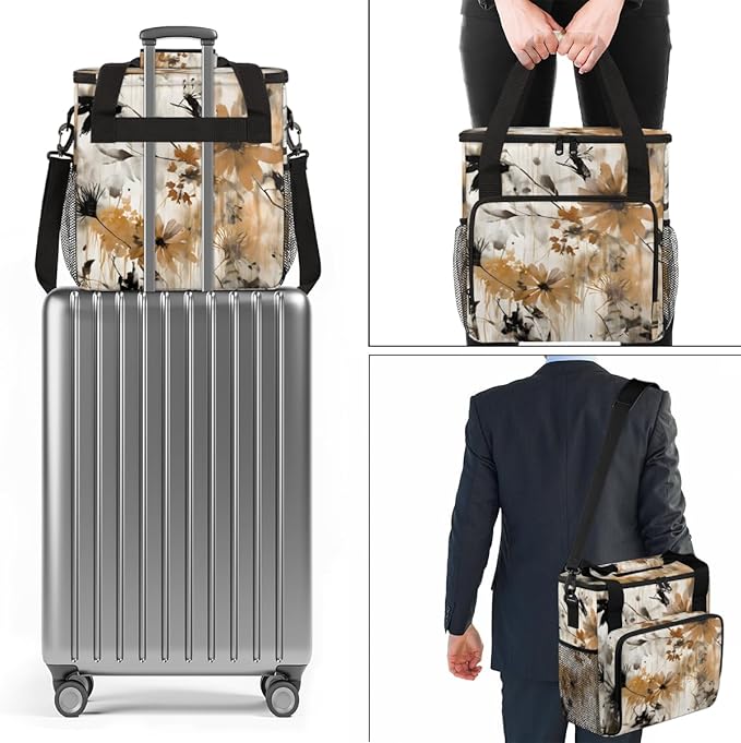 Retro Brown Flowers Coffee Maker Carrying Bag Portable Travel Storage Tote Bag Compatible with K-Mini or K-Mini Plus Single Serve Coffee Brewer Carrying Case with Multiple Pockets &amp Shoulder Str