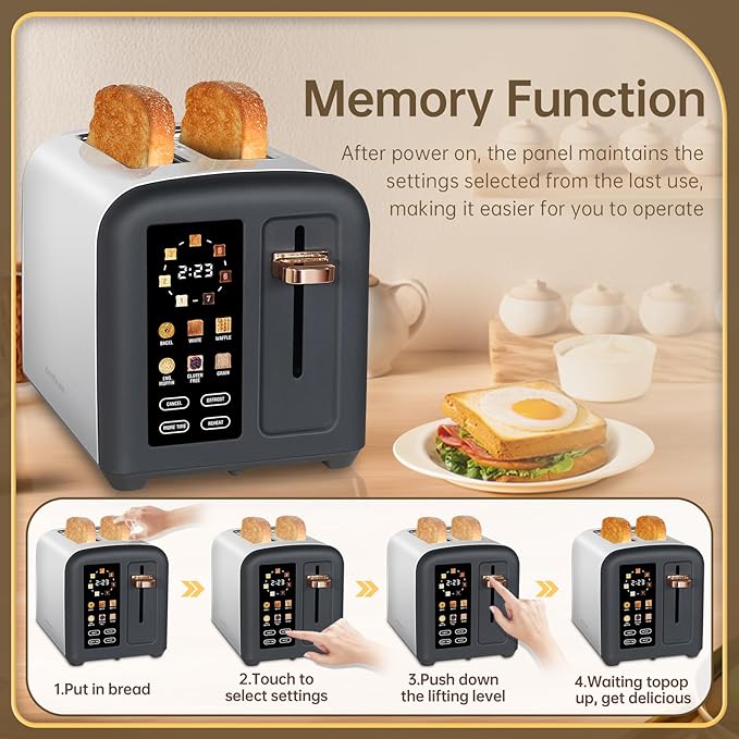 SEEDEEM Toaster 2 Slice Full Touch Control Stainless Toaster LCD Display 50% Faster Heating Speed 6 Bread Type 7 Shade Setting 1.5''Wide Slots Removable Crumb Tray 1350W Dark Chocolate