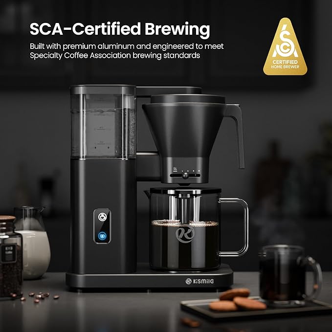 Kismile SCA-Certified 8 Cup Drip Coffee Maker Pour Over Coffee Machine with 3s Instant Heat 197–205℉ Adjustable Flow Control Removable Water Tank Deep Cold Brew &amp 40 Min Keep Warm (Black)